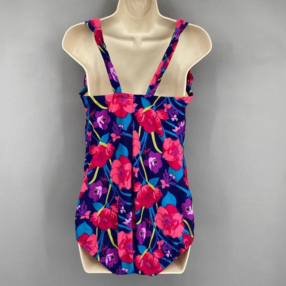 Lands End Floral One Piece Swimsuit Womens 16W Retro Twist Front Swimwear Mod‎